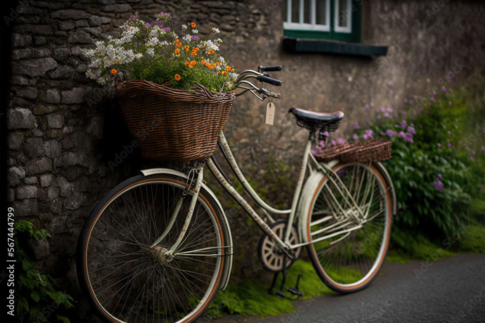  a bicycle with a basket of flowers on the front of it parked next to a stone building with a green door and window on the side.  generative ai