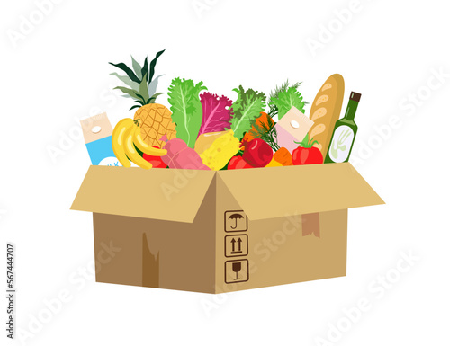 Food in box. Food delivery. Vector flat cartoon illustration