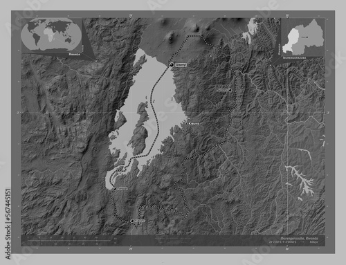 Iburengerazuba, Rwanda. Grayscale. Labelled points of cities photo