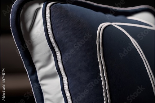  a close up of a blue and white pillow on a chair with a black back and white piping on the side of the pillow. generative ai