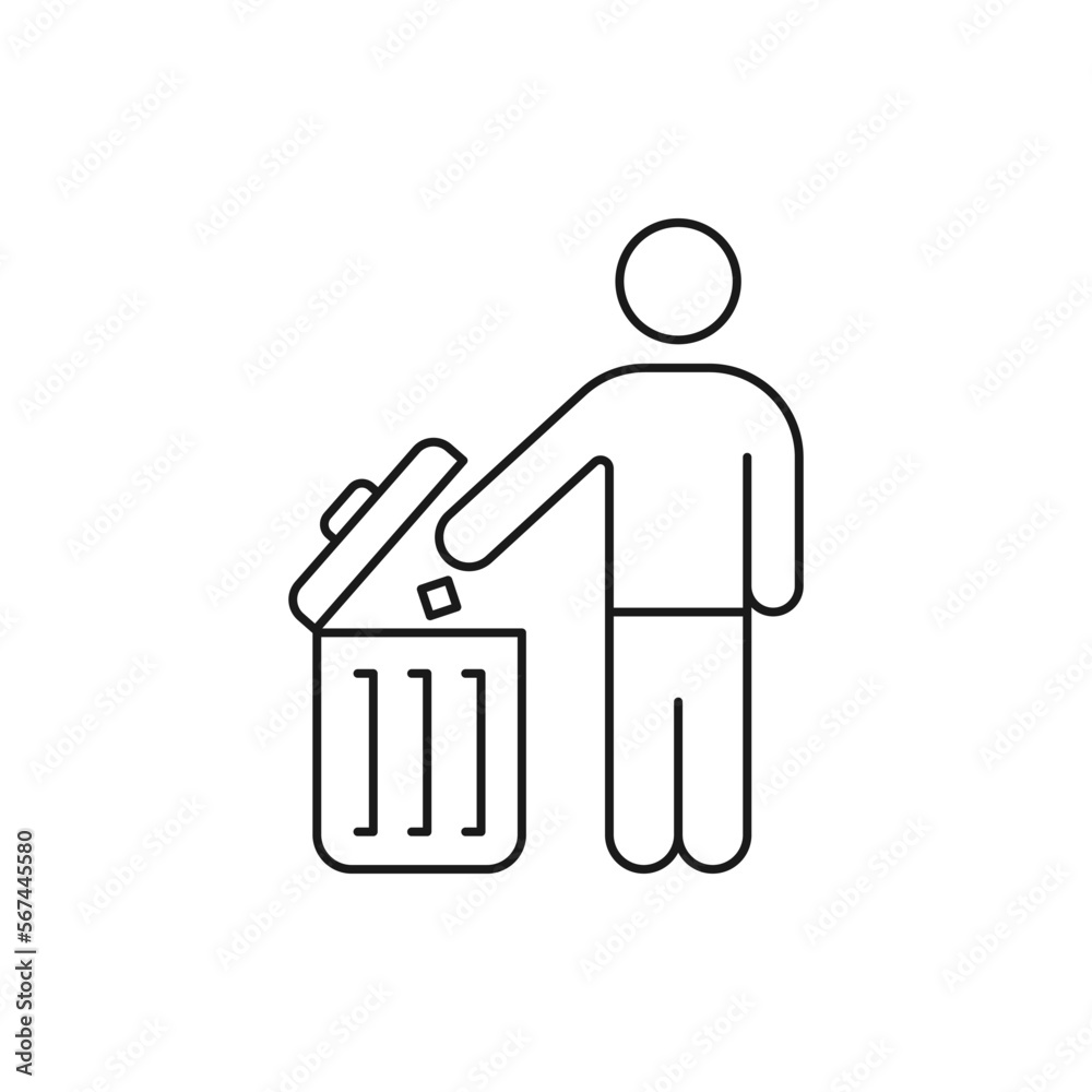 Man throwing garbage into trash bin. Keep clean icon line style isolated on white background. Vector illustration Man throwing garbage into trash bin. Keep clean icon line style isolated on white background. Vector illustration