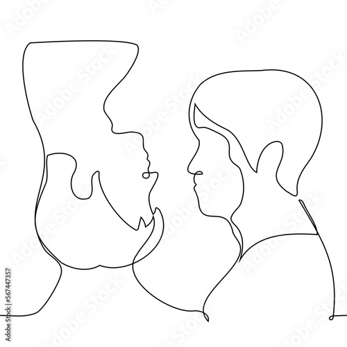 Photo double male portrait in profile with faces facing each other and inverted - one line drawing vector