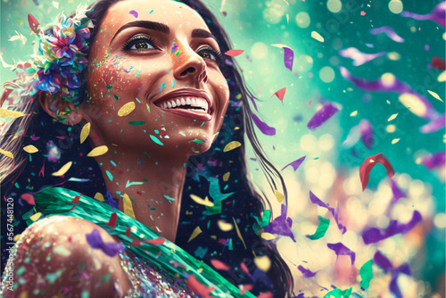 Illustration of Woman dressed in carnival costume with background with confetti and streamers, made with Generative A,  Art Illustration AI photo