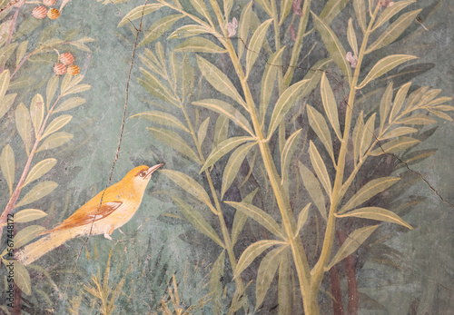Italy, Pompeii - Luxury roman house interior, fresco detail with bird in a garden