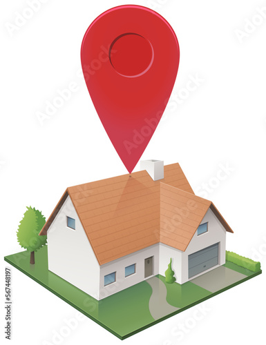 Detached house surrounded by its garden in isometric 3D on which a red map location marker is placed