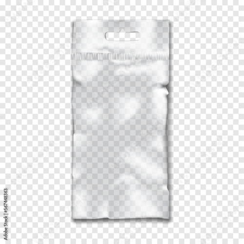 Clear empty vinyl pouch with euro slot hanger on transparent background vector mockup. Blank plastic bag package mock-up. Template for design