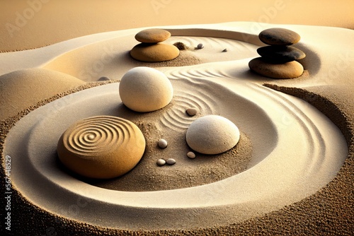 Zen sand garden. White and gray zen stones on sand with abstract wave drawings. Concept of harmony  balance and meditation  spa  massage  relax.