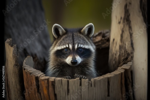  a raccoon looking out of a hole in a tree stump with a blurry background of wood and a green leafy tree trunk.  generative ai