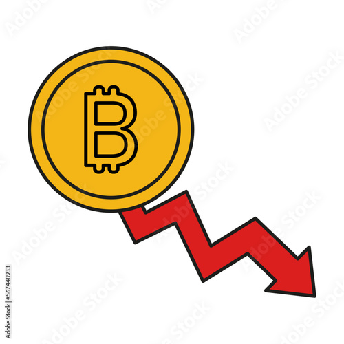 Bitcoin currency going down. Bitcoin on red graph. Bitcoin crashing background with red backdrop and decreasing graphs.