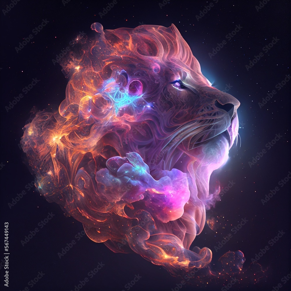 Colorful space nebula, depicting a lion, created with Generative AI technology.