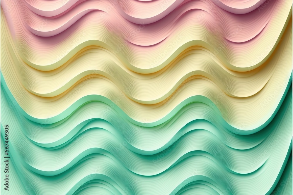  an abstract background with wavy lines in pastel shades of blue, pink, yellow, green and pink on a light green background with a white border.  generative ai