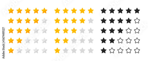Rating stars set. Feedback evaluation. Customer review. User reviews with five stars ranking. Level of satisfaction. Vector illustration.