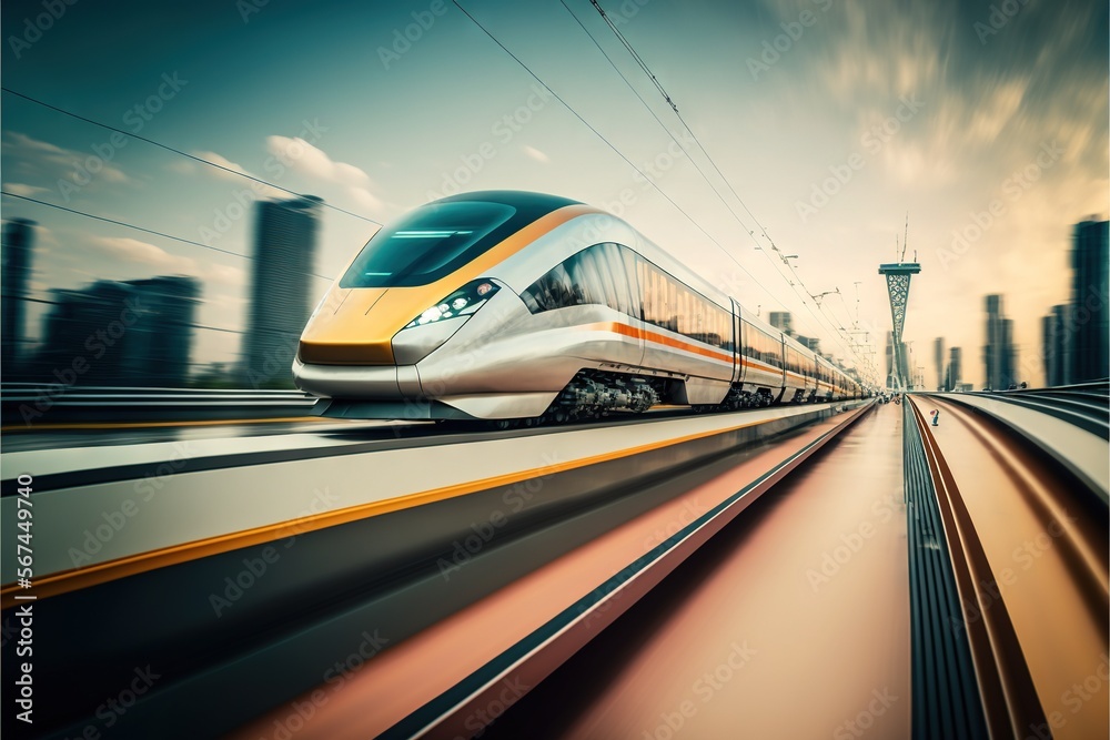 a high speed train traveling through a city with tall buildings on ...