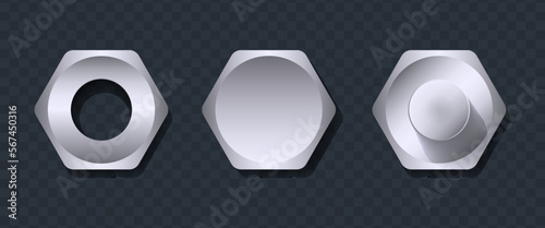 Steel bolt and screw nut top view vector mockup