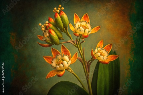  a painting of a plant with flowers on a green background with a brown border around the image and a green border around the image with a yellow border.  generative ai