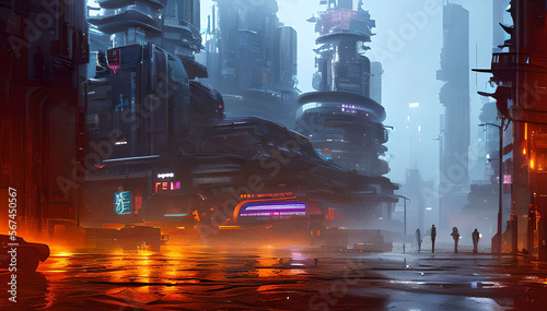 Cyberpunk streets illustration, futuristic city, dystopic artwork at night, 4k wallpaper. Rain foggy, moody empty future, fantasy environment, dark colors