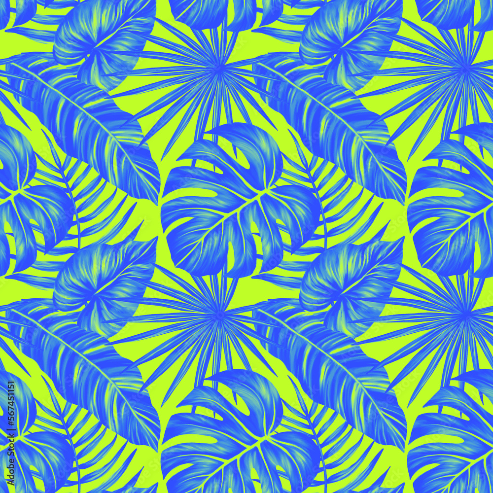 Tropical leaf seamless pattern. Colorful vivid print with beautiful palm jungle leaves. Repeated luxury design for packaging, cosmetic, fashion, textile, wallpaper. Realistic high quality illustration Tropical leaf seamless pattern. Colorful vivid print with beautiful palm jungle leaves. Repeated luxury design for packaging, cosmetic, fashion, textile, wallpaper. Realistic high quality illustration