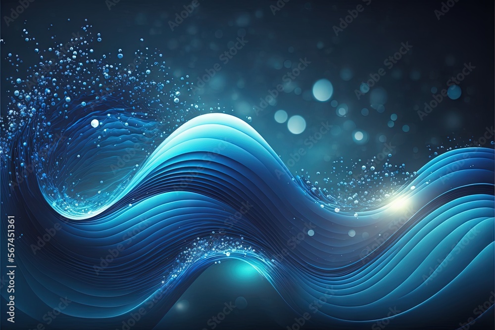 a blue wave with bubbles on a black background with a light shining ...