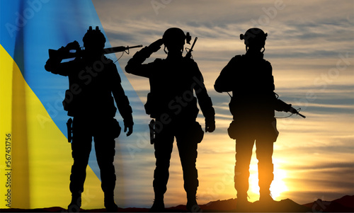 Flag of Ukraine with silhouettes of soldiers against the sunset. Armed forces of Ukraine concept. EPS10 vector