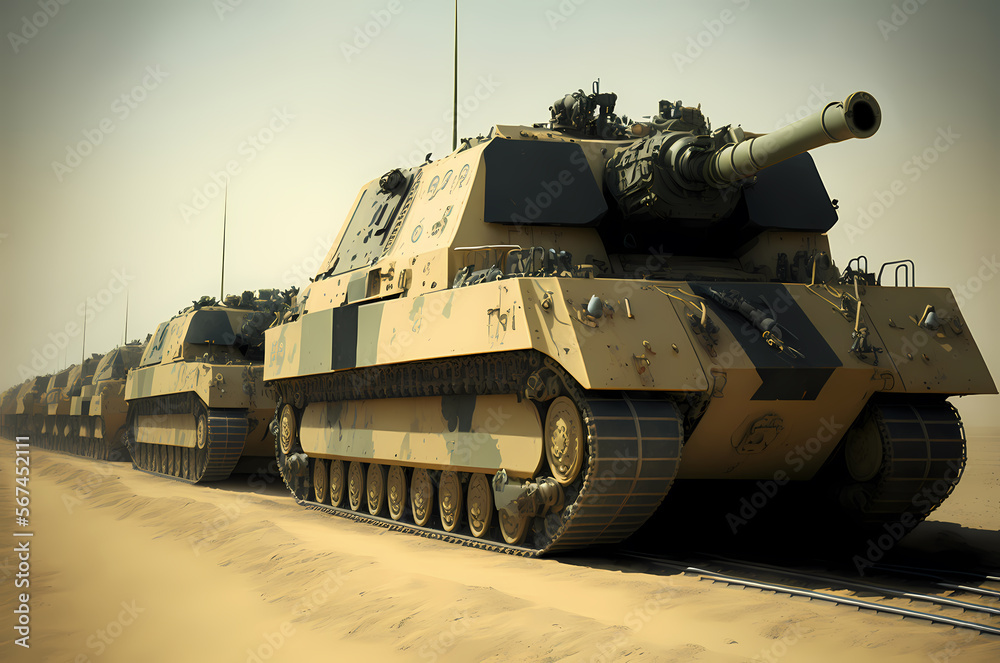 Transportation by train echelon of military equipment with battle tanks. Generation AI