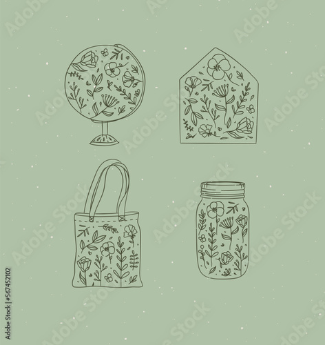 Icons globe, envelope, hand bag, jar of jam with flowers drawing on green background
