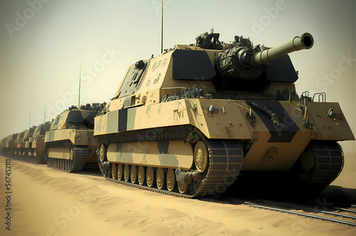 Transportation by train echelon of military equipment with battle tanks. Generation AI