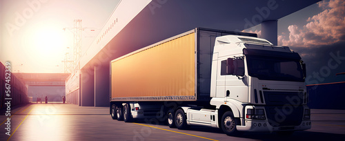 Container trucks cargo, sunlight. Banner Industrial International logistics center warehouse, transport industry. Generation AI