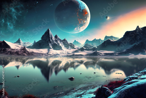 Fantasy wallpaper landscape of an alien world with lake, peaks and moon at sunset - generative ai © Uolir