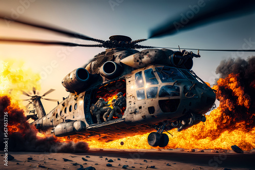 Air war accident Crash, Burning falling military helicopter. Generation AI photo