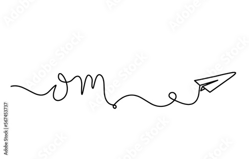 Sign of OM with paper plane as line drawing on the white background