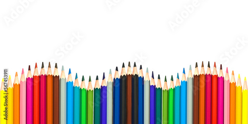 Wave of colorful wooden pencils isolated on panoramic transparent background. Back to school and arts concept web banner, png file photo