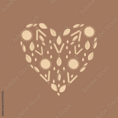 Composition from wheat, ears, seeds, leaves. It maybe decoration, paper, wallpaper, icon or symbol for food, healthy food, market, cafe, restaurant, agriculture.