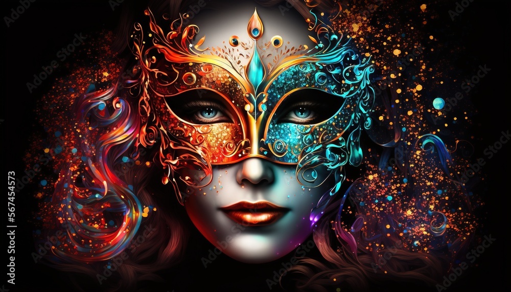 Woman in Carnival Mask, Mardi Gras celebration illustration generative ai