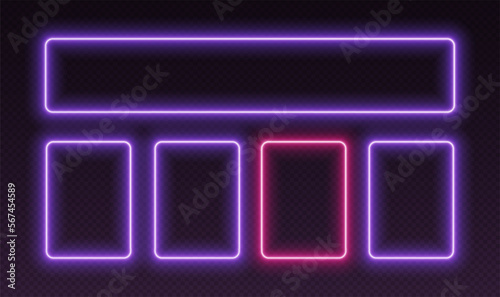 Neon quiz template, UI design for questionnaire with multiple answers. Glowing borders set for tv show contest. Colors are easy to change. Vector illustration.