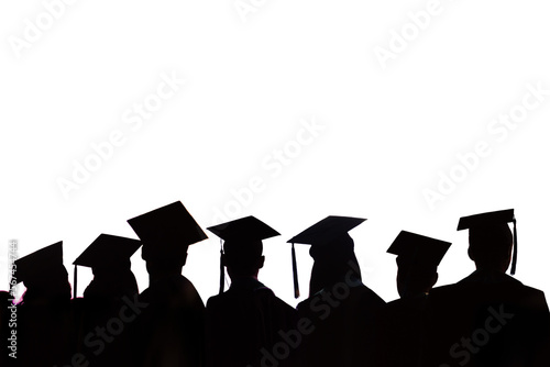 Silhouettes of a row on graduating students with graduate hats isolated on transparent background, class of 2024, png file