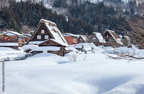 Traditional gassho style farmhouses in winter, Shirakawa go, Gifu Prefecture, Japan