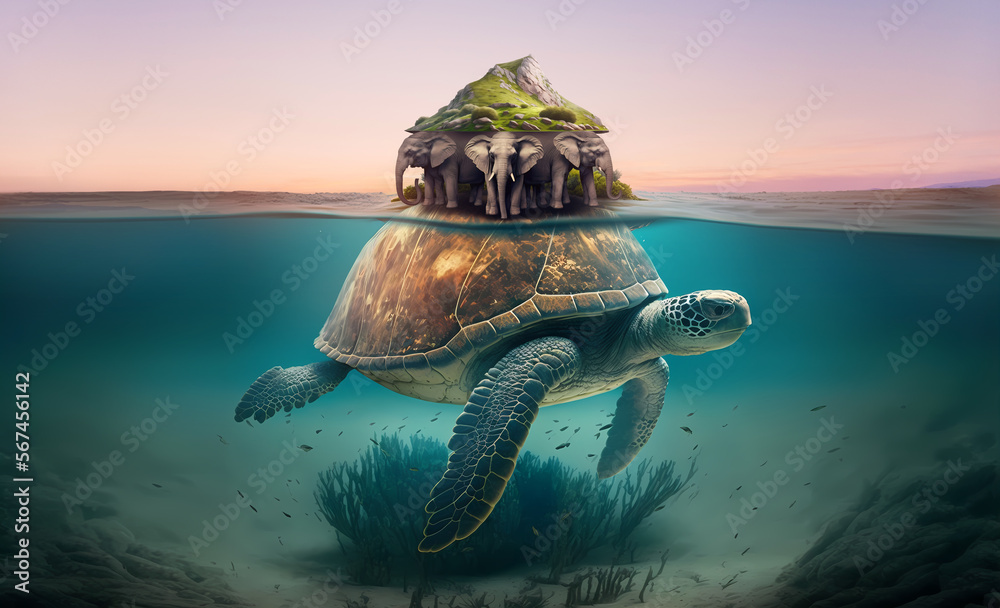 Mythology theory structure of world. Turtle carrying elephants that