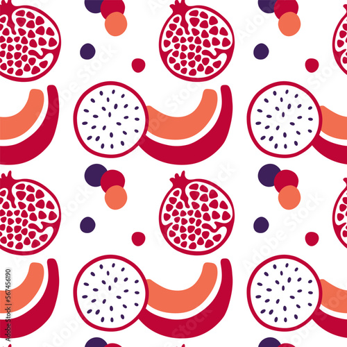Pomegranate, dragon fruit and abstract shapes on vector seamless pattern.