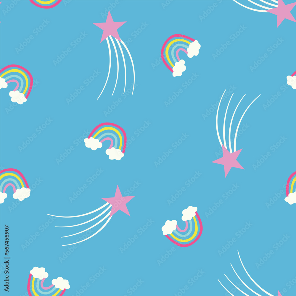 Obraz premium Colorful rainbow cloud and star seamless pattern background