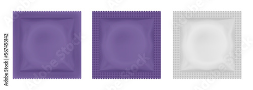 Purple condom packaging mockup. Contraception method, safe love. Foil pouch
