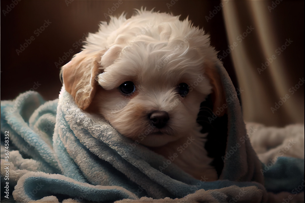 Cute puppy after a bath, wrapped in a fluffy towel, generative AI Cute puppy after a bath, wrapped in a fluffy towel, generative AI