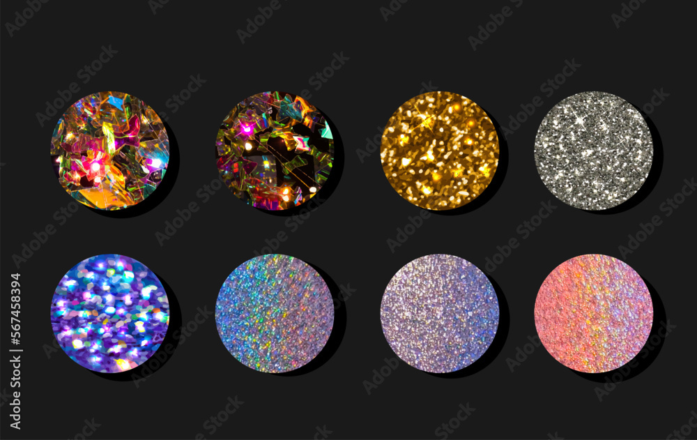 Set of round highlights or story covers with golden, silver, blue, gem glitter.