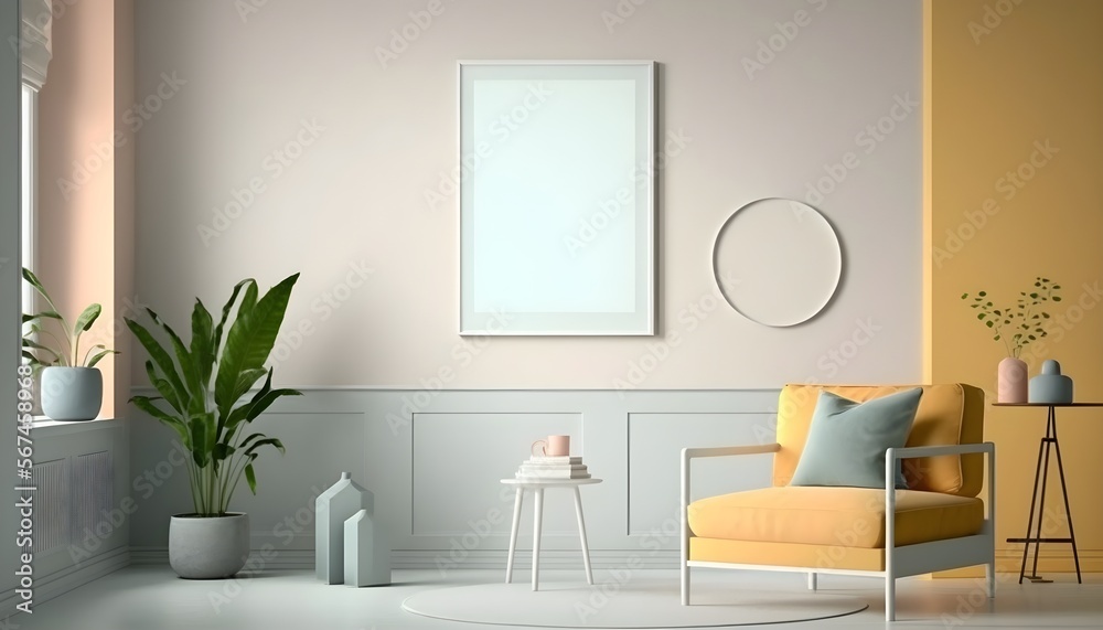 Fototapeta premium Minimalist Wall Art mockup, generative ai, interior room with sofa and furniture, empty poster frame template
