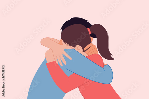 Man and woman hug. Young people comfort each other. Content of support, consolation, love, hug, friendship, family, close, together, relatives. Vector illustration in flat style.