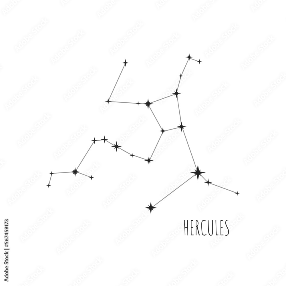 Simple constellation scheme Hercules, Big Dipper. Doodle, sketch, drawn style, set of linear icons of all 88 constellations. Isolated on white background