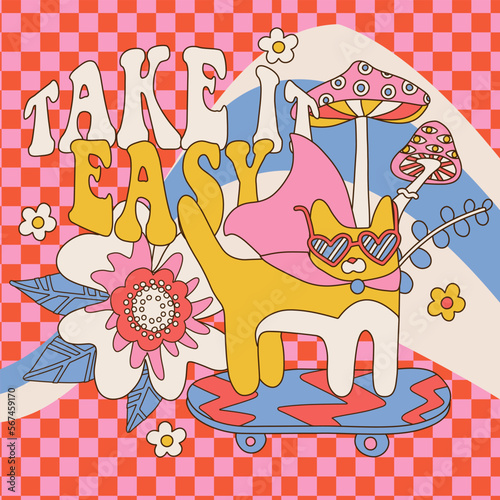 70s psychedelic groovy banner with cat riding skateboard in sunglasses, space retro trip. Checkered background with mushrooms and flower. Take it easy - typographic lettering. Vector illustration.