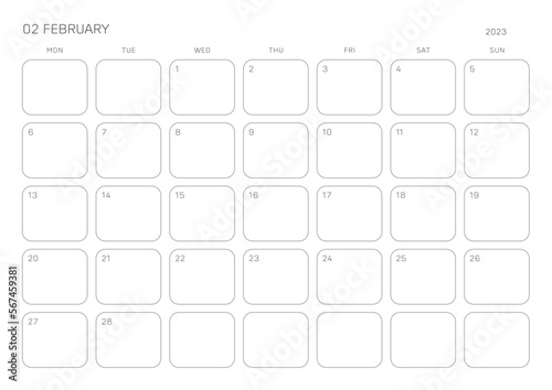 February 2023 simple design digital and printable calendar template illustration. Notes, scheduler, diary, calendar, memo, planner document template background. 