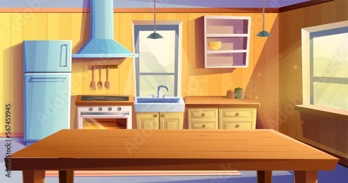 Vector cartoon style illustration of kitchen room. Dining room with dining wooden table. Fridge, oven with a stove and hob, sink, kabinets and extractor hood.