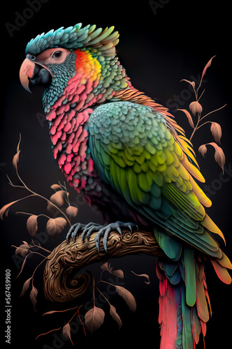 Tropical parrot sitting on a branch with flowers. Hand drawn illustration. Generative AI © waichi2013th