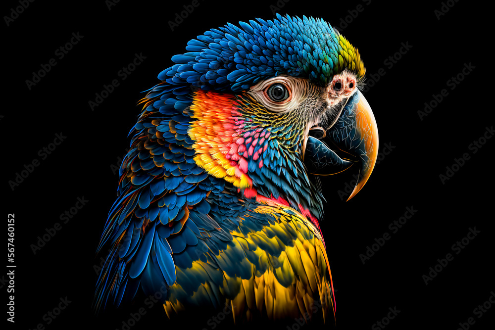Colorful macaw parrot isolated on black background. Generative AI